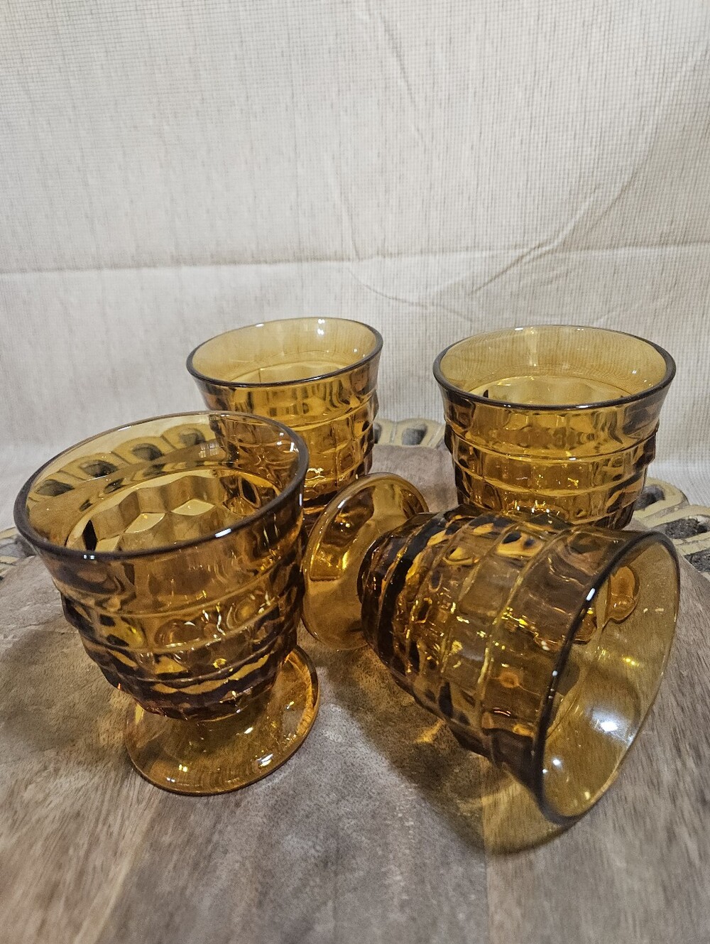 Vintage Indiana Amber Whitehall by Colony Fostoria Stacked Cube Glasses set of 4